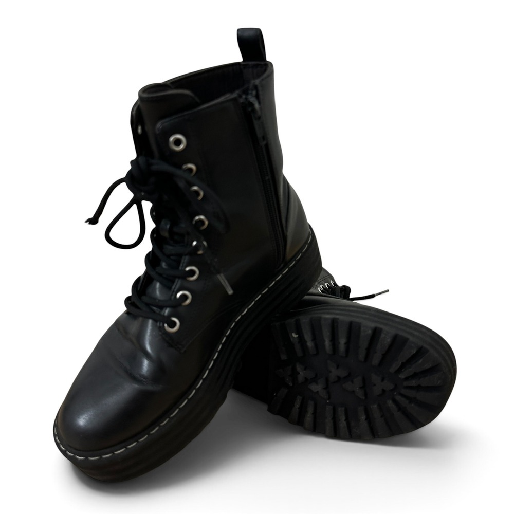 Divided H&M Combat Boots Womens Black Faux Leather Platform Lug Sole Grunge 8